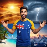 مرد متعجب از تغییرات آب و هوایی در استرالیا