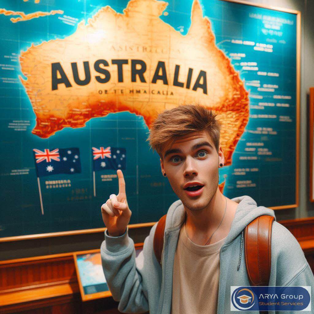 دانشجوی ایرانی با حالت تعجب در موزه، در حال اشاره به نقشه بزرگ استرالیا با نوشته Australia – Continent & Country