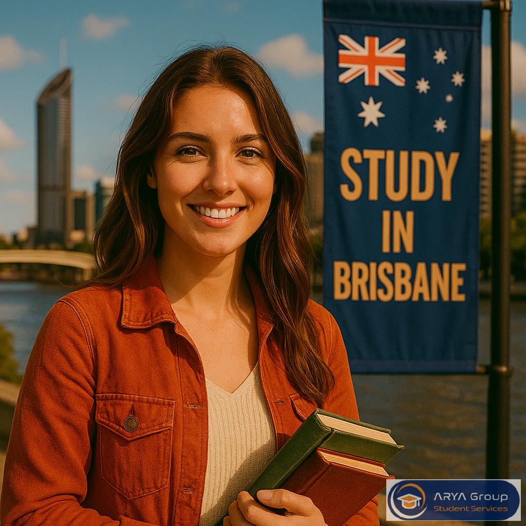 دانشجو در بریزبن ایستاده مقابل بنر تحصیل در بریزبن