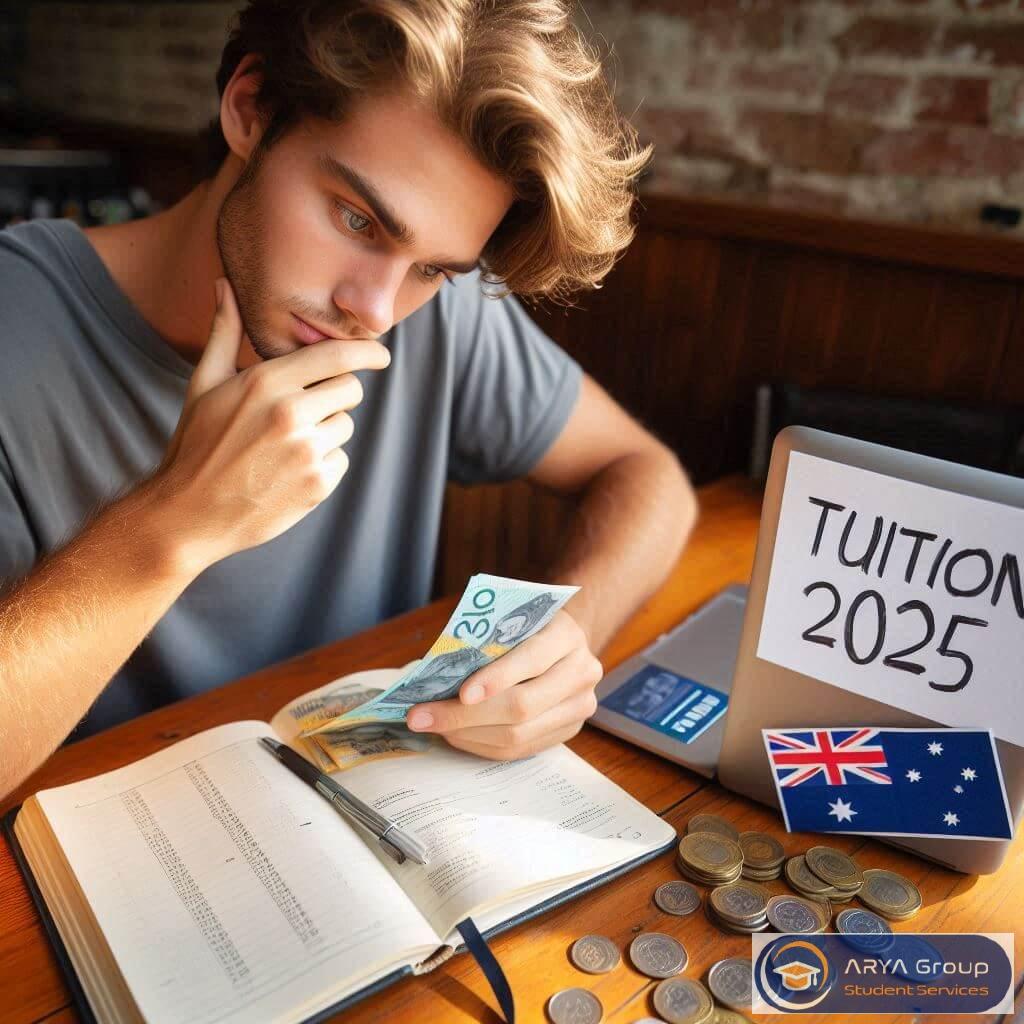 دانشجوی ایرانی در کافه بریزبن با لپ‌تاپ و دفترچه Study Costs 2025 و برچسب پرچم استرالیا
