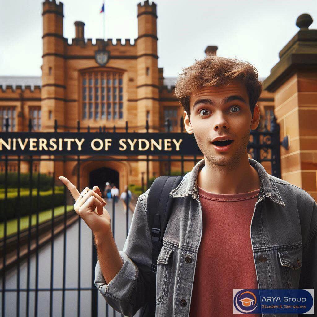 دانشجو در دانشگاه سیدنی استرالیا در حال نشان دادن محوطه دانشگاه