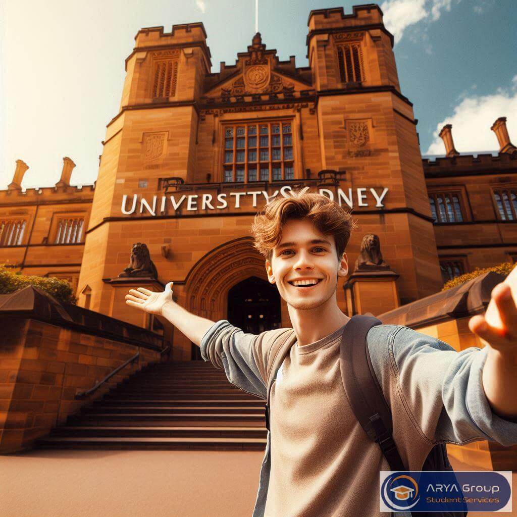 دانشجوی پسر در دانشگاه سیدنی در حال نشان دادن ساختمان دانشگاه