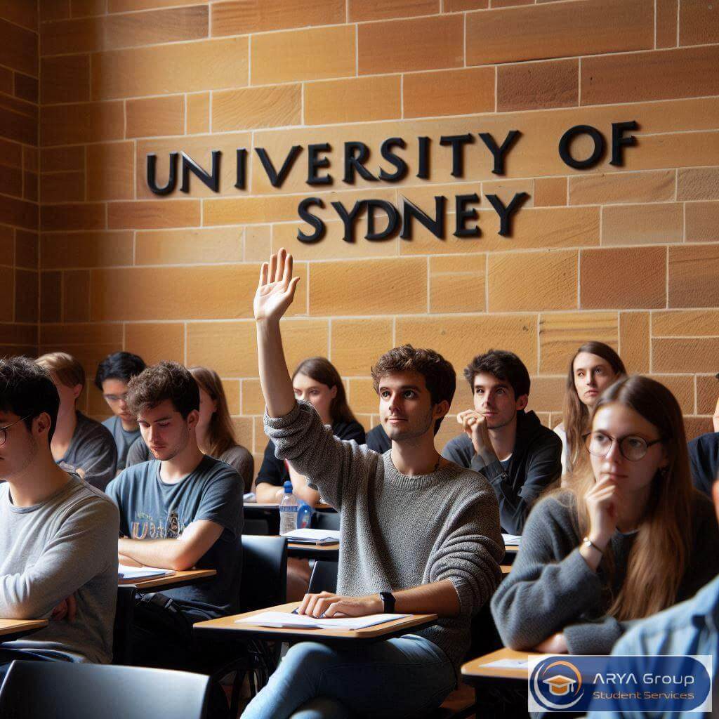 کلاس درس در دانشگاه سیدنی استرالیا با تابلوی University of Sydney و دانشجویی که با هیجان دستش را بالا برده است