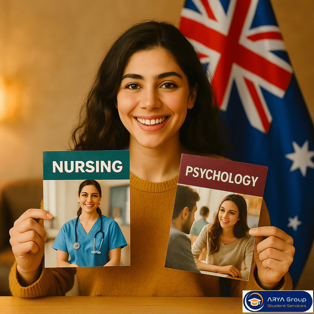 دانشجو در حال نشان دادن بروشور مربوط به دو رشته تحصیلی خوب برای دریافت مجوز سکونت دائم در استرالیا؛ رشته پرستاری و روانشناسی