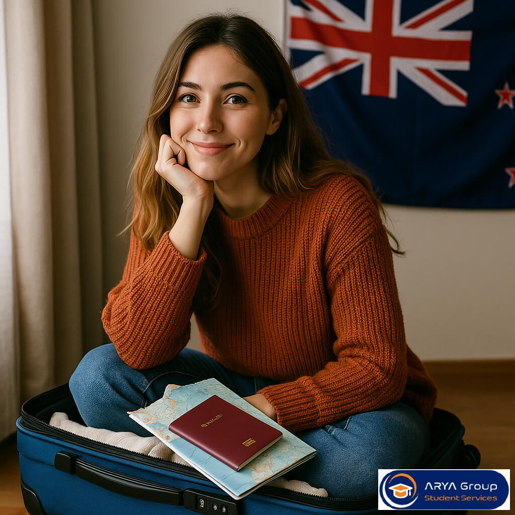 دانشجو نشسته بر چمدان در حال آماده شدن برای رفتن به نیوزلند