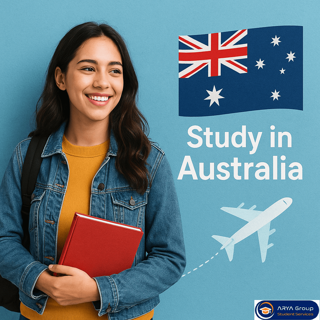 تصویر دانشجو کنار پرچم استرالیا و آیکون هواپیما؛ مناسب مقاله درباره تأثیر گپ تحصیلی در اپلای استرالیا
