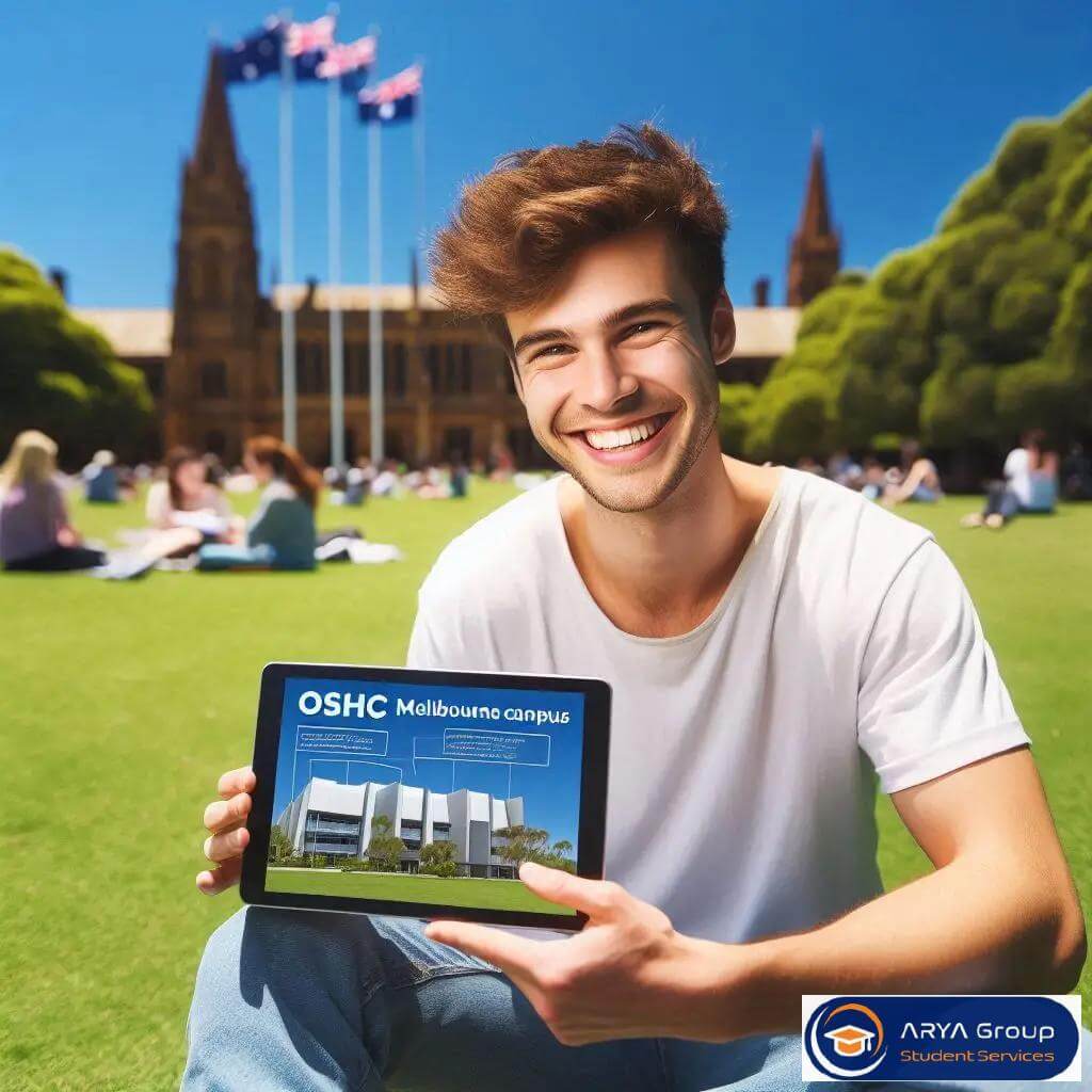 دانشجوی بین‌المللی در فضای باز دانشگاه ملبورن در حال انتخاب بهترین بیمه سلامت دانشجویی OSHC با حس رضایت.