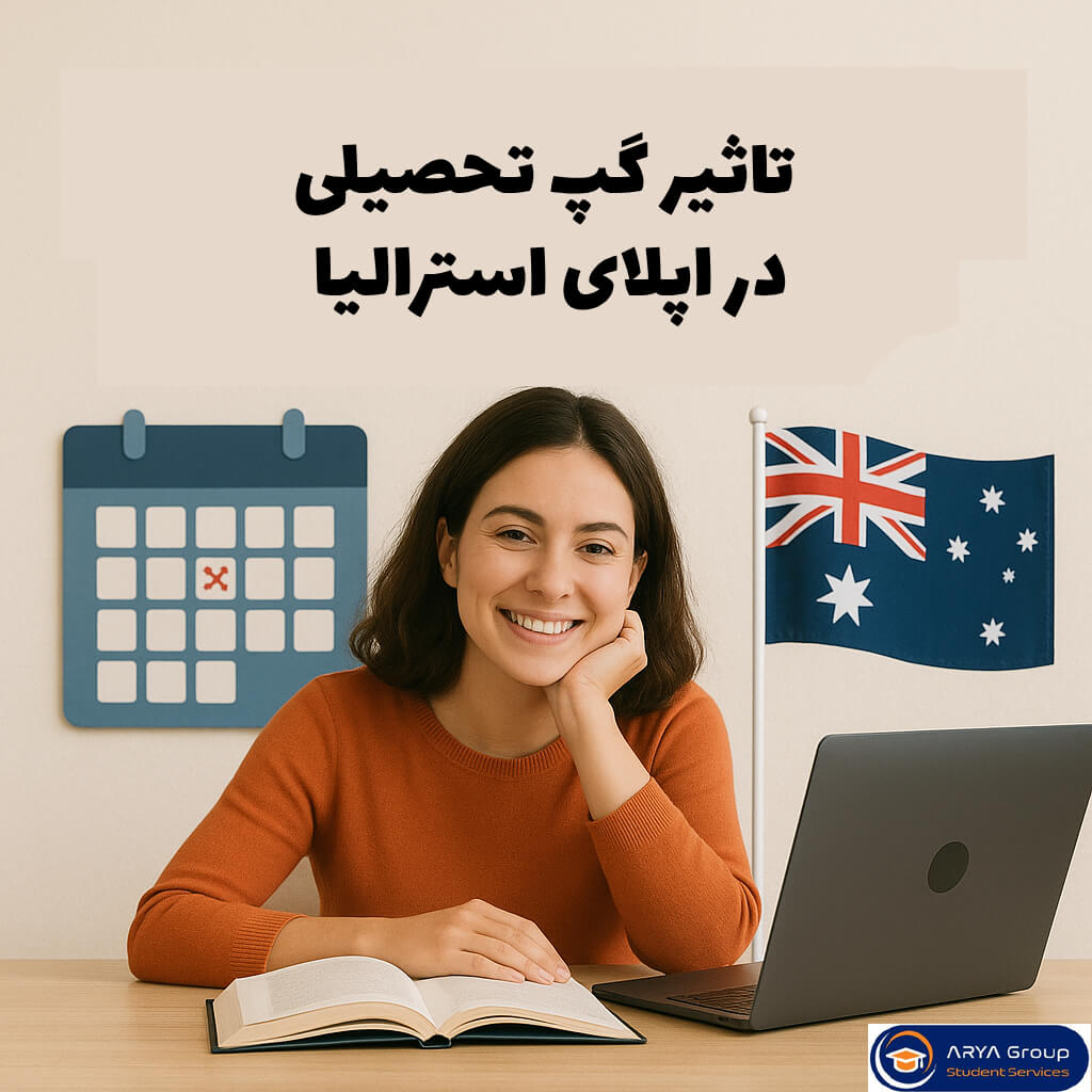 دانشجوی جوان در محیط مطالعه، با لبخند در حال کار با لپ_تاپ و کتاب، همراه با پرچم استرالیا و تقویم در پس_زمینه؛ مرتبط با تأثیر گپ تحصیل