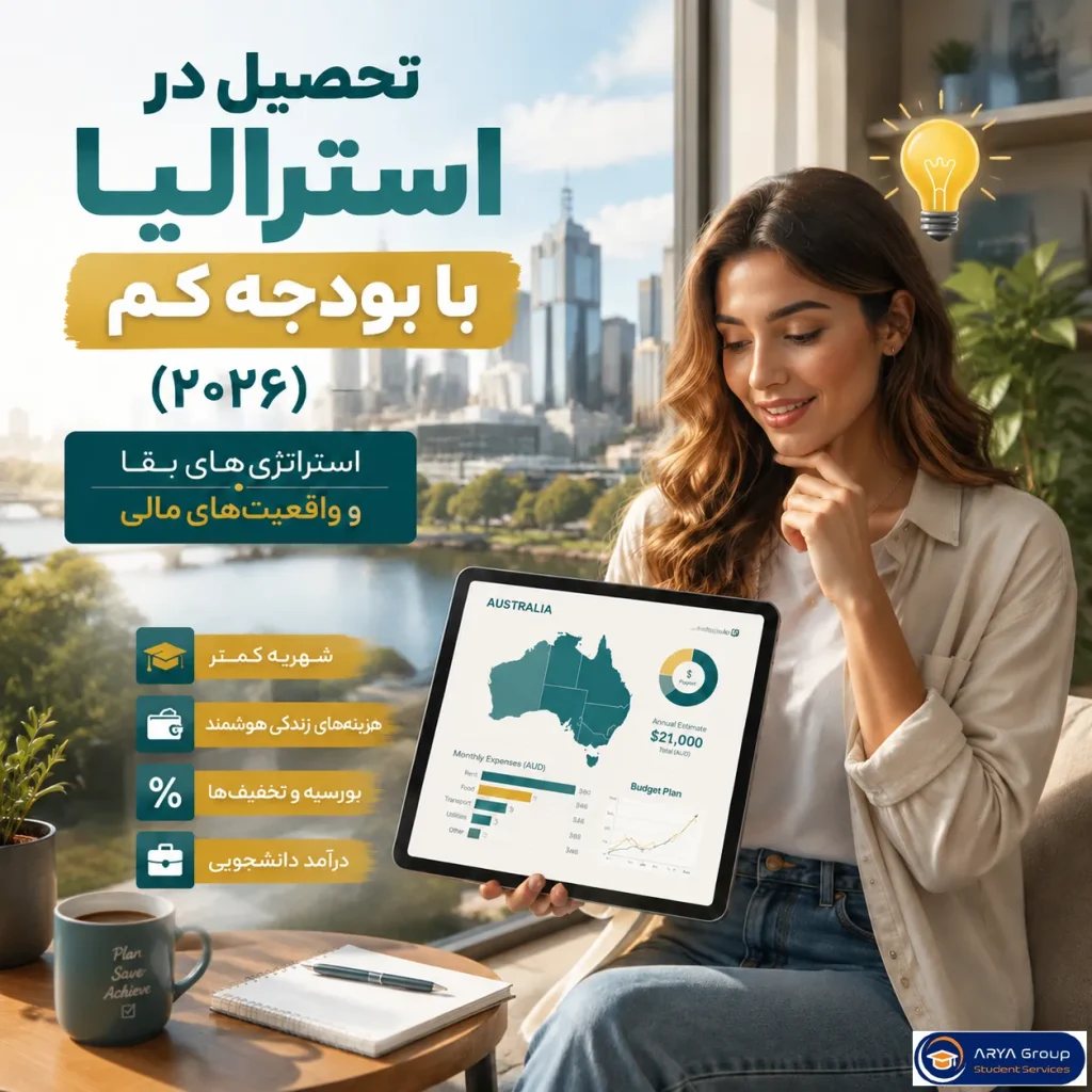 دانشجوی جوانی که مقدار کمی پول در دست دارد و به فرصت تحصیل در استرالیا با بودجه محدود اشاره می‌کند