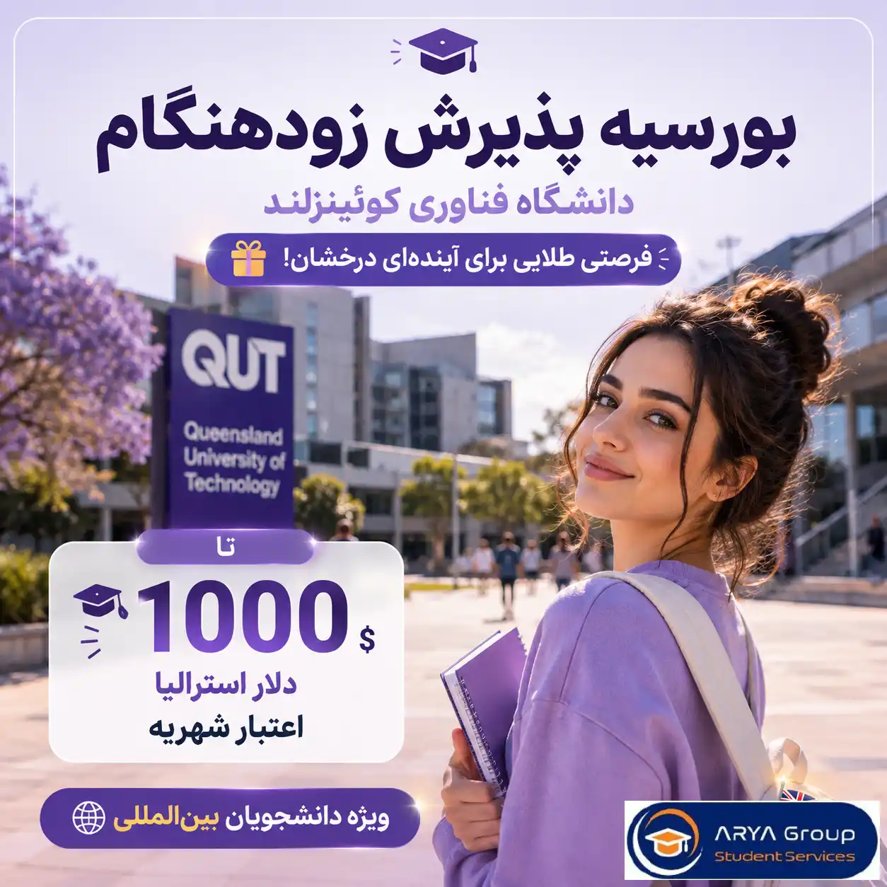 پوستر بورسیه پذیرش زودهنگام QUT برای دانشجویان بین‌المللی با اعتبار شهریه تا ۱۰۰۰ دلار استرالیا